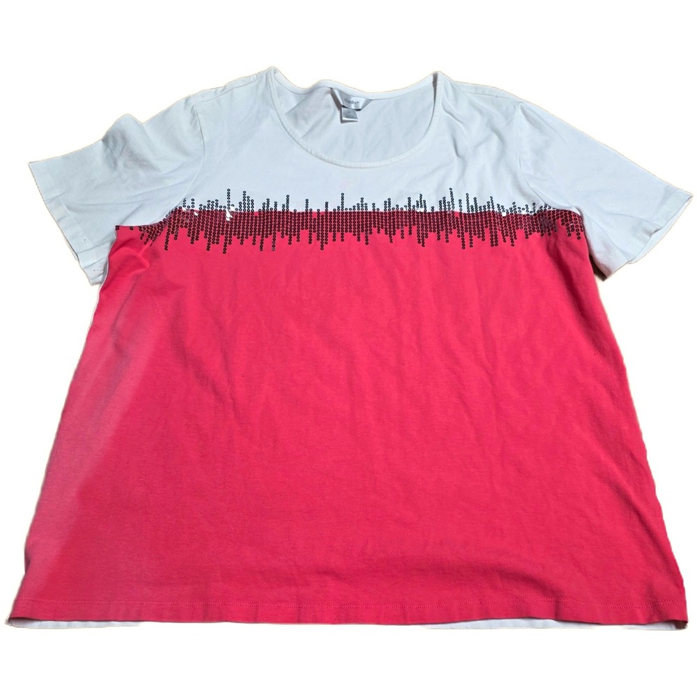 CJ Banks Graphic T Shirt Top Women's Size 1X White Coral Sequins Soundwave